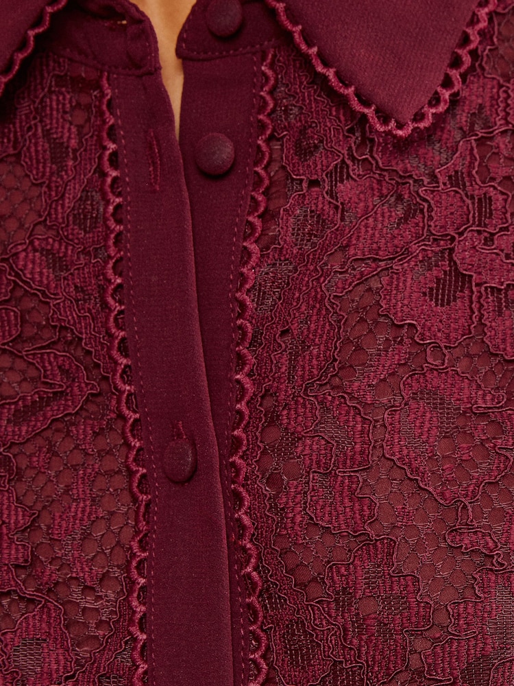 Love & Roses Burgundy Red Lace Button Through  Long Sleeve Shirt - Image 2 of 5