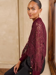 Love & Roses Burgundy Red Lace Button Through  Long Sleeve Shirt - Image 3 of 5