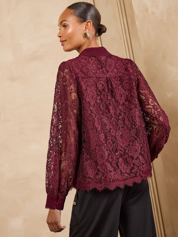 Love & Roses Burgundy Red Lace Button Through  Long Sleeve Shirt - Image 5 of 5