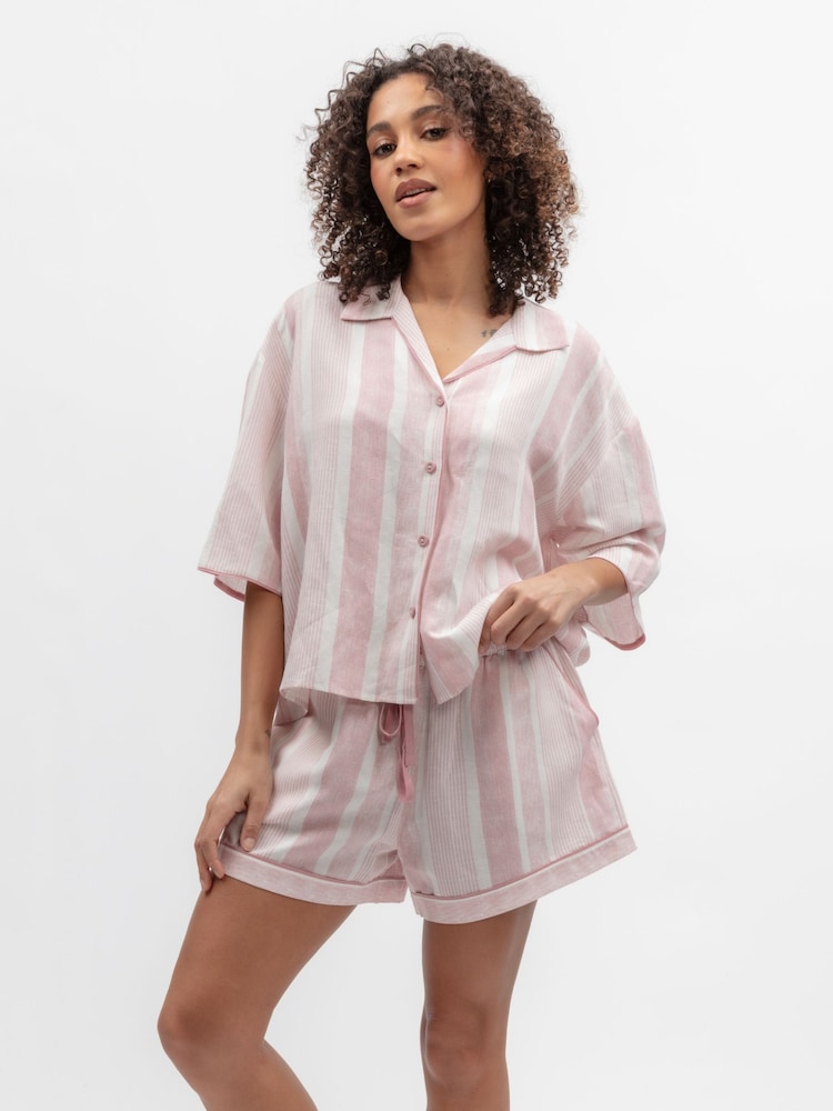 Cyberjammies Pink Linen Printed Stripe Relaxed Shorty Set - Image 2 of 4