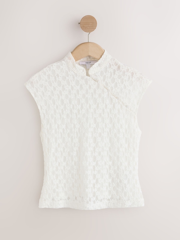 Ecru Short Sleeved Floral Lace Button Top - Image 1 of 3