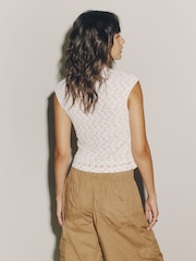 Ecru Short Sleeved Floral Lace Button Top - Image 4 of 8