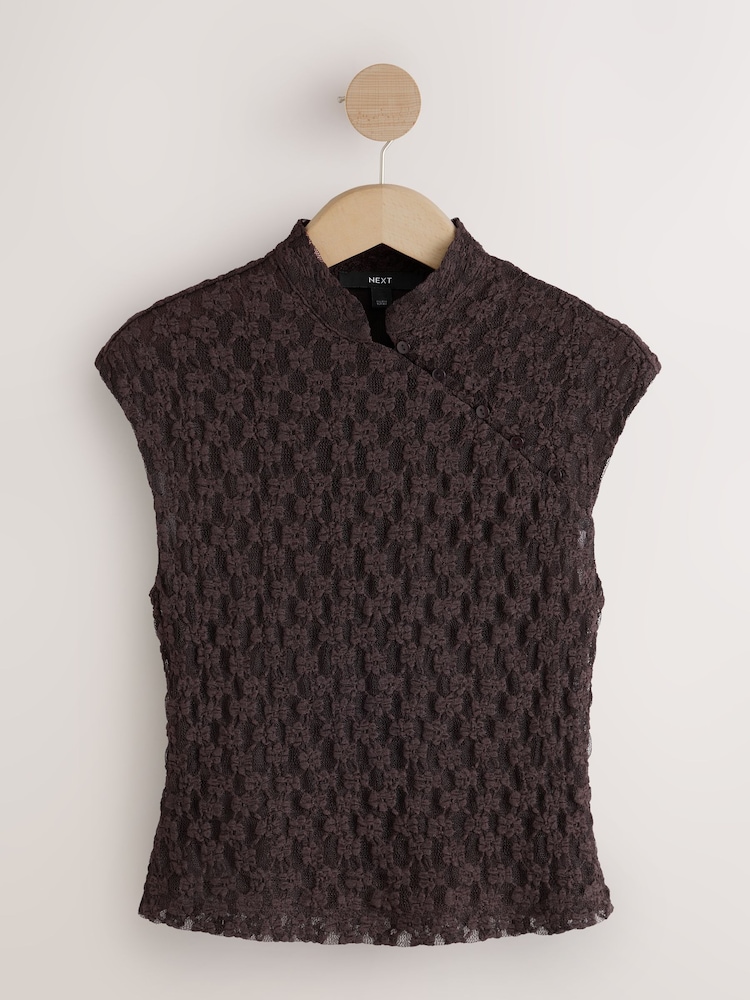 Chocolate Brown Short Sleeved Floral Lace Button Top - Image 1 of 3