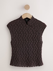 Chocolate Brown Short Sleeved Floral Lace Button Top - Image 6 of 8