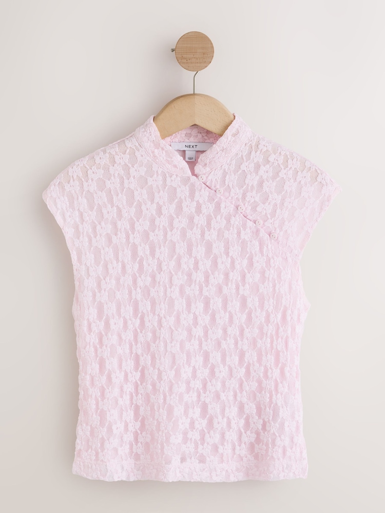 Pink Short Sleeved Floral Lace Button Top - Image 1 of 3