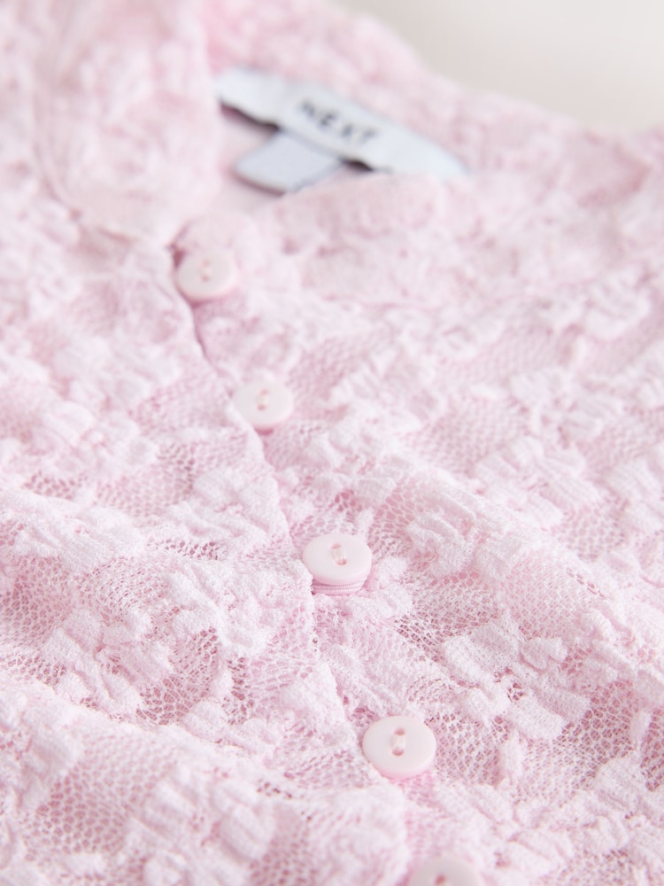 Pink Short Sleeved Floral Lace Button Top - Image 3 of 3