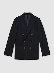 Reiss Navy Valley Classic Fit Wool Double-Breasted Pinstripe Suit Blazer - Image 2 of 9