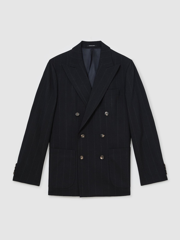 Reiss Navy Valley Classic Fit Wool Double-Breasted Pinstripe Suit Blazer - Image 2 of 9 Reiss Navy Valley Classic Fit Wool Double-Breasted Pinstripe Suit Blazer - Image 2 of 9