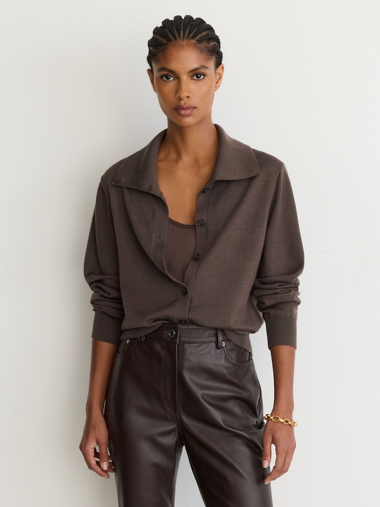Reiss Taupe Neutral Gale Merino Wool Collared Cardigan - Image 1 of 7 Reiss Taupe Neutral Gale Merino Wool Collared Cardigan - Image 1 of 7