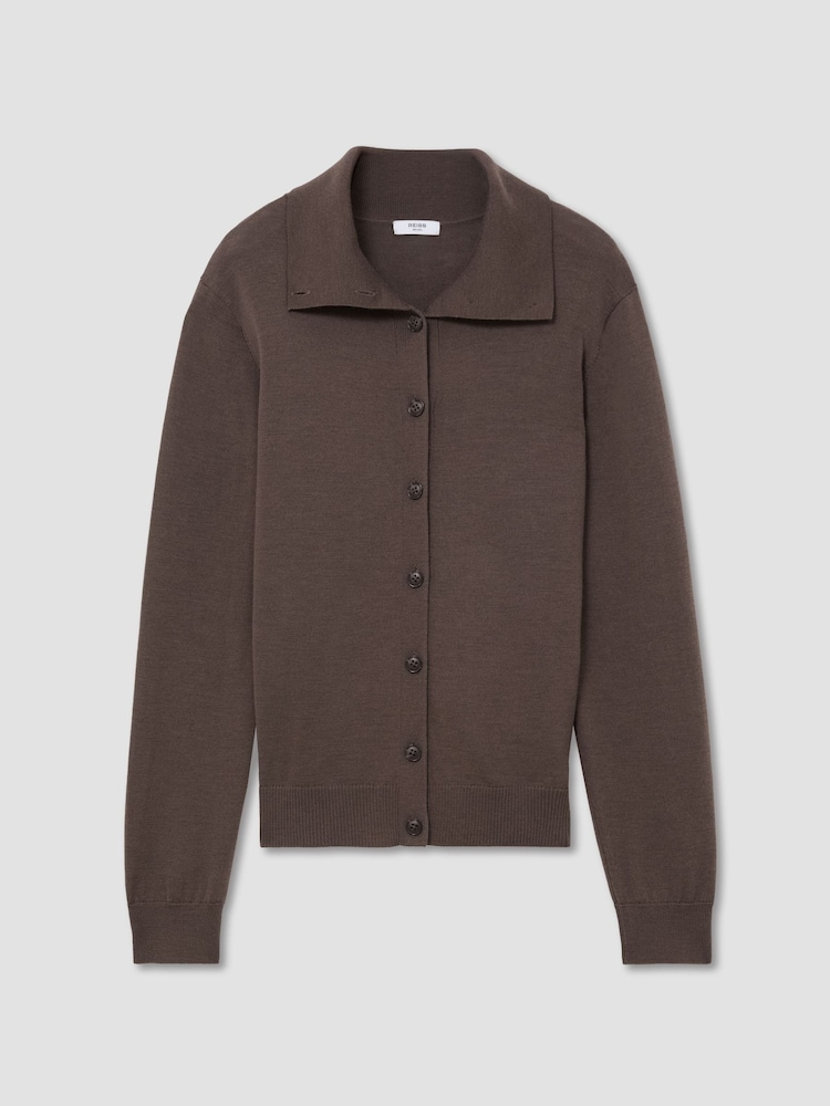 Reiss Taupe Neutral Gale Merino Wool Collared Cardigan - Image 2 of 7 Reiss Taupe Neutral Gale Merino Wool Collared Cardigan - Image 2 of 7