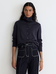 Reiss Navy Gale Merino Wool Collared Cardigan - Image 1 of 8