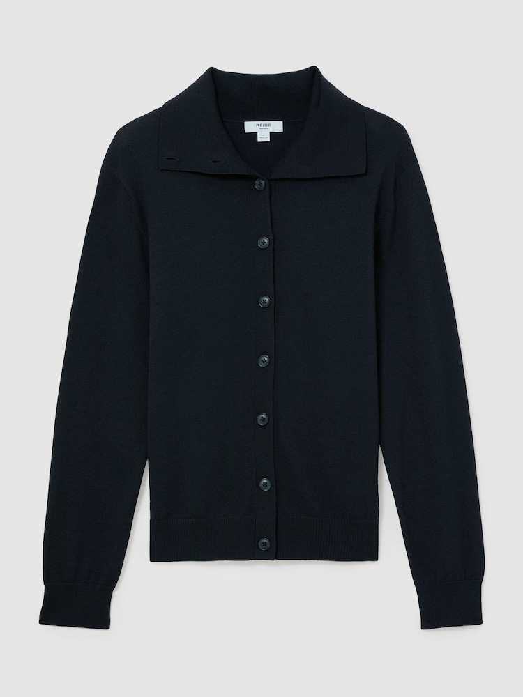 Reiss Navy Gale Merino Wool Collared Cardigan - Image 2 of 8 Reiss Navy Gale Merino Wool Collared Cardigan - Image 2 of 8