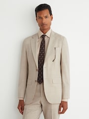 Reiss Oatmeal Vita Wool Pin-Check Single-Breasted Suit Blazer Classic-Fit - Image 1 of 9