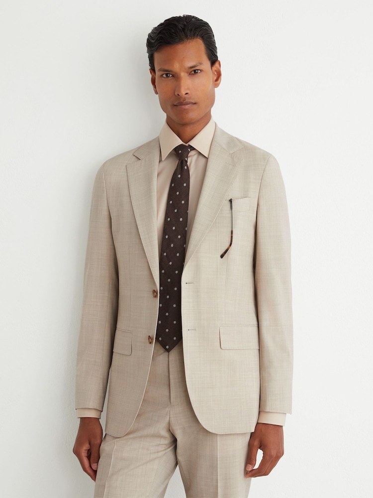 Reiss Oatmeal Vita Wool Pin-Check Single-Breasted Suit Blazer Classic-Fit - Image 1 of 9