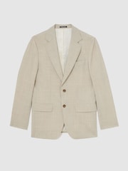 Reiss Oatmeal Vita Wool Pin-Check Single-Breasted Suit Blazer Classic-Fit - Image 2 of 9