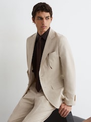 Reiss Oatmeal Vita Wool Pin-Check Single-Breasted Suit Blazer Classic-Fit - Image 4 of 9
