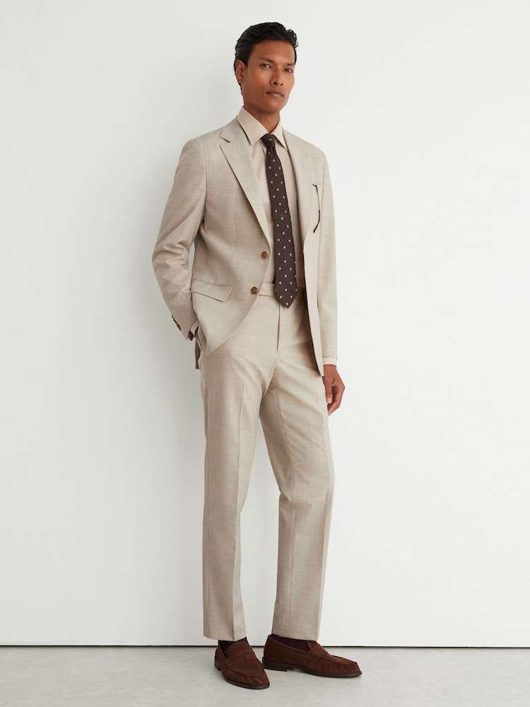 Reiss Oatmeal Vita Wool Pin-Check Classic-Fit Suit Trousers - Image 1 of 6