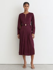 Rojo baya - Vestido a media pierna con cinturón de tela pata de gallo a cuadros de Reiss Kea - Imagen 1 de 7