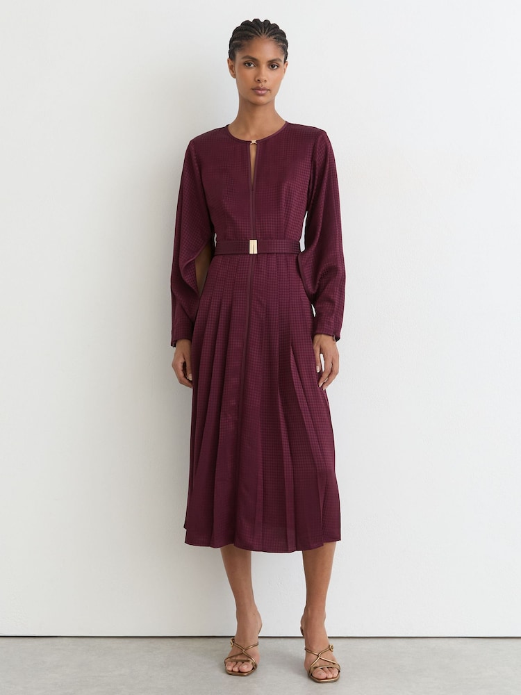 Rojo baya - Vestido a media pierna con cinturón de tela pata de gallo a cuadros de Reiss Kea - Imagen 1 de 7 Rojo baya - Vestido a media pierna con cinturón de tela pata de gallo a cuadros de Reiss Kea - Imagen 1 de 7