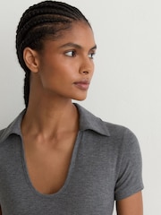 Reiss Grey Marl Daria Scoop-Neck Jersey Polo Top - Image 1 of 6