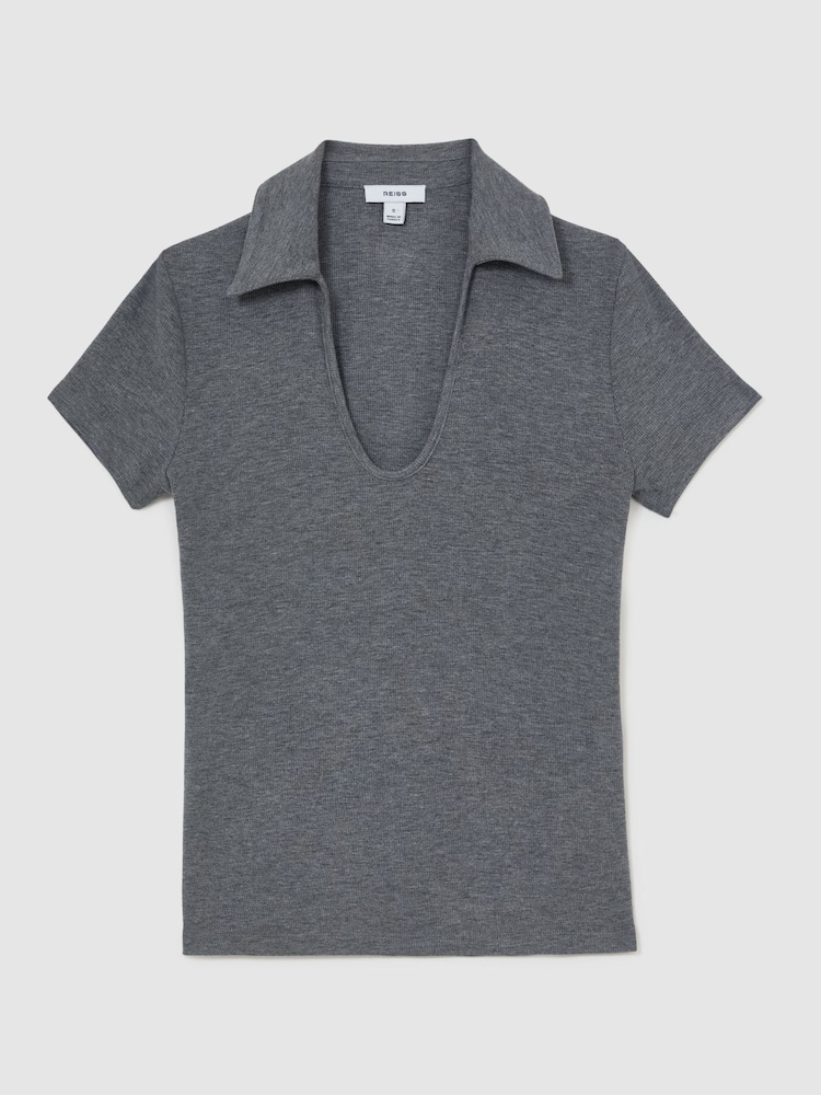 Reiss Grey Marl Daria Scoop-Neck Jersey Polo Top - Image 2 of 6