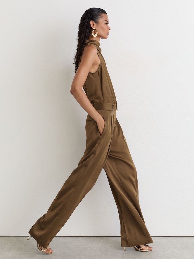 Reiss Khaki Green Erica Satin Cowl-Neck Wide-Leg Jumpsuit - Image 1 of 7
