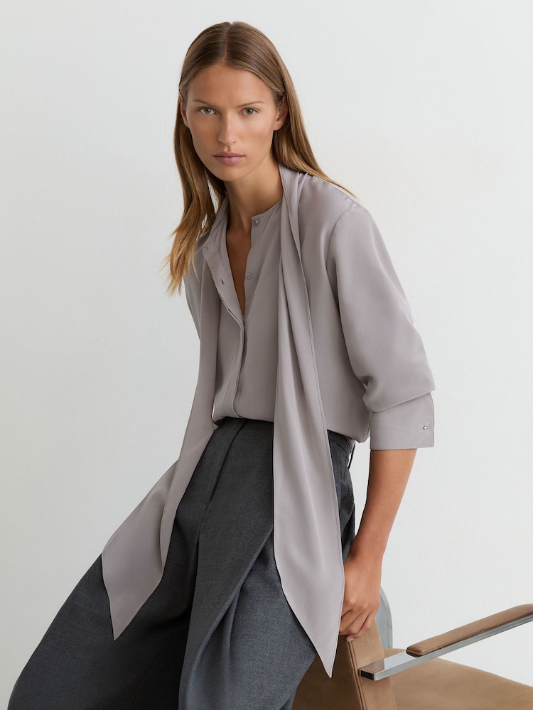 Reiss Grey Kathlyn Matte-Silk Tie-Neck Blouse - Image 1 of 9 Reiss Grey Kathlyn Matte-Silk Tie-Neck Blouse - Image 1 of 9