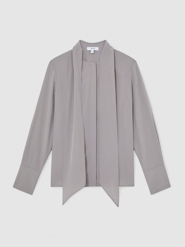 Reiss Grey Kathlyn Matte-Silk Tie-Neck Blouse - Image 2 of 9 Reiss Grey Kathlyn Matte-Silk Tie-Neck Blouse - Image 2 of 9