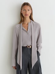 Reiss Grey Kathlyn Matte-Silk Tie-Neck Blouse - Image 7 of 9