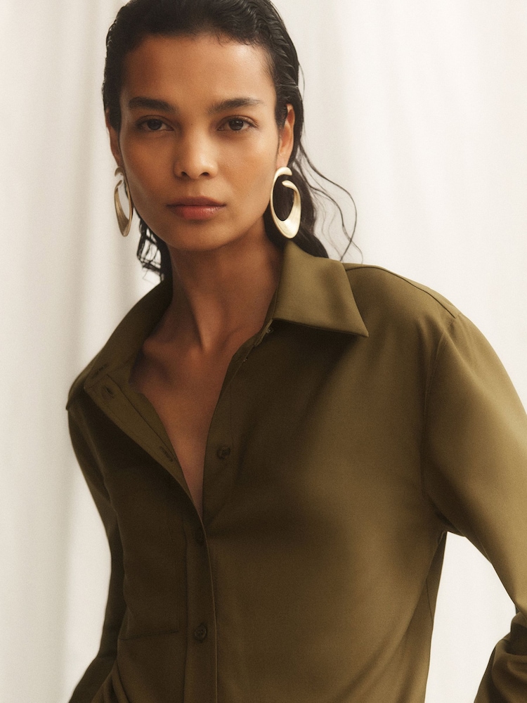 Reiss Khaki Green Adie Wool-Blend Long-Sleeve Shirt - Image 1 of 10 Reiss Khaki Green Adie Wool-Blend Long-Sleeve Shirt - Image 1 of 10