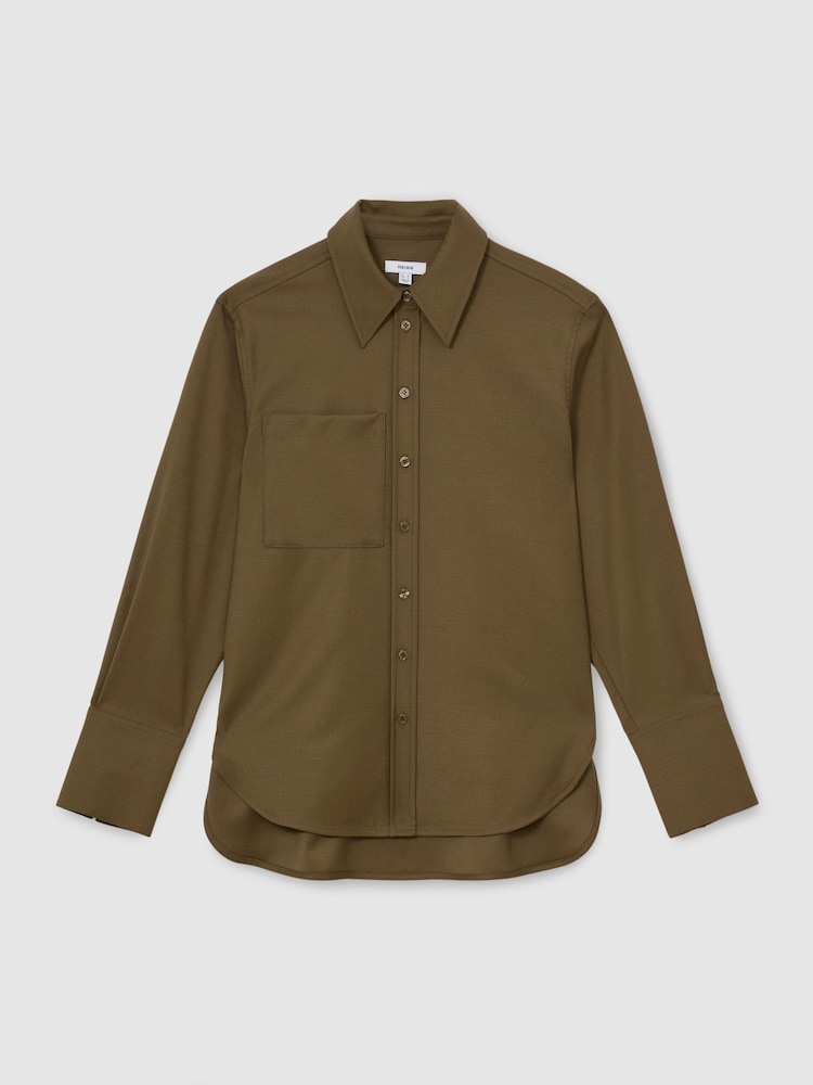 Reiss Khaki Green Adie Wool-Blend Long-Sleeve Shirt - Image 2 of 10 Reiss Khaki Green Adie Wool-Blend Long-Sleeve Shirt - Image 2 of 10