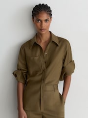 Reiss Khaki Green Adie Wool-Blend Long-Sleeve Shirt - Image 5 of 10