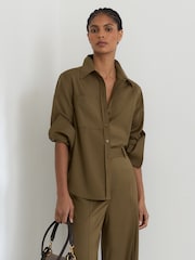 Reiss Khaki Green Adie Wool-Blend Long-Sleeve Shirt - Image 7 of 10