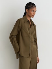 Reiss Khaki Green Adie Wool-Blend Long-Sleeve Shirt - Image 8 of 10