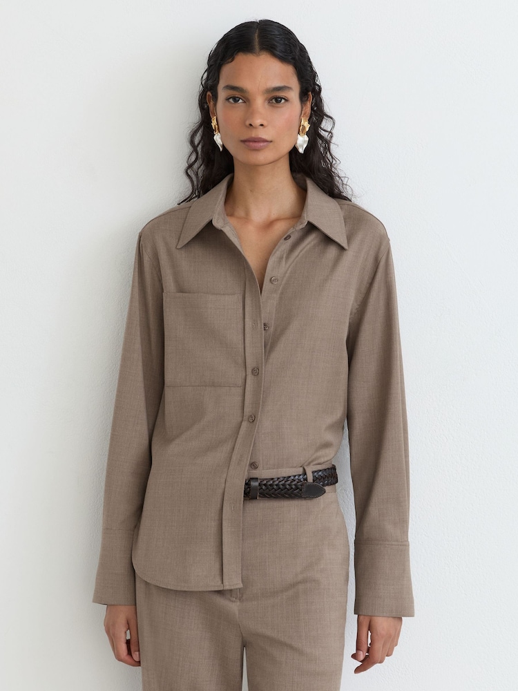 Reiss Neutral Adie Wool-Blend Long-Sleeve Shirt - Image 1 of 7