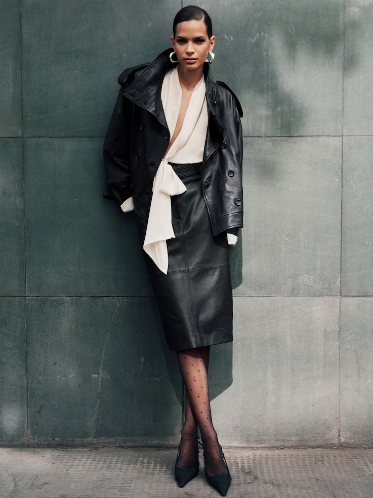 Reiss Black Neriah Leather Belted Midi Pencil Skirt - Image 1 of 8 Reiss Black Neriah Leather Belted Midi Pencil Skirt - Image 1 of 8