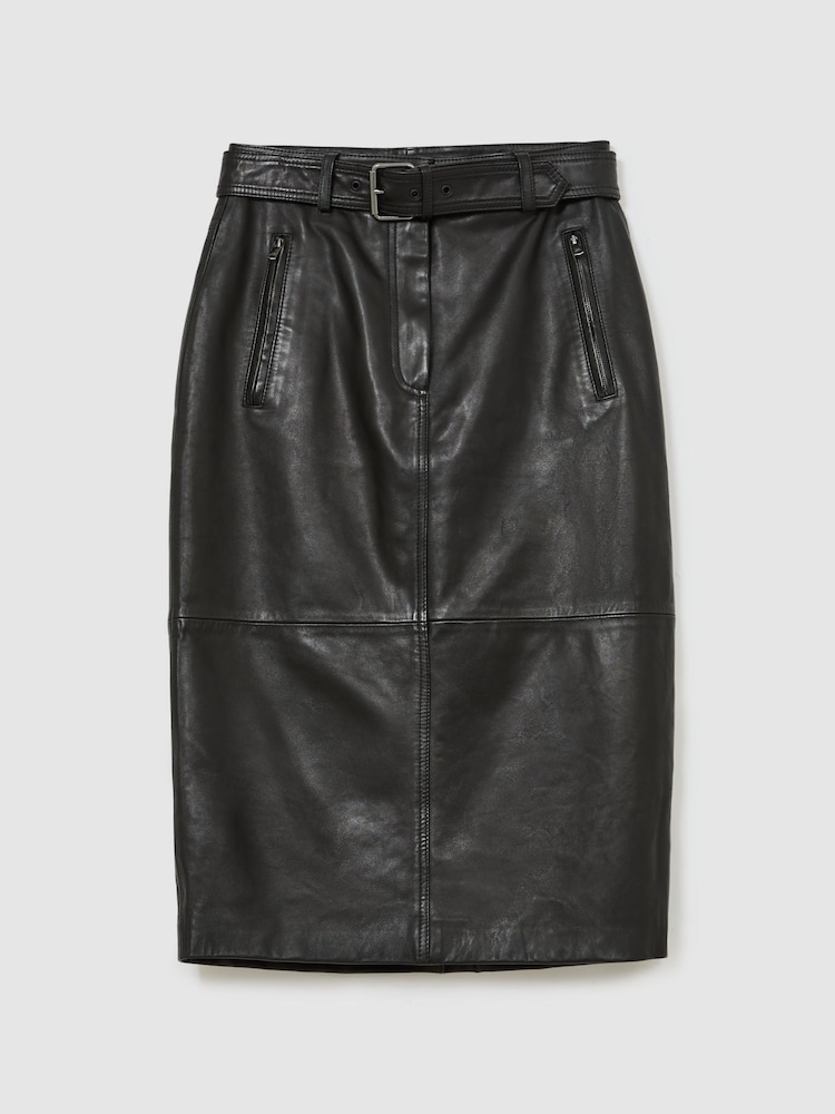 Reiss Black Neriah Leather Belted Midi Pencil Skirt - Image 2 of 8 Reiss Black Neriah Leather Belted Midi Pencil Skirt - Image 2 of 8