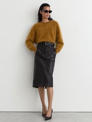 Reiss Black Neriah Leather Belted Midi Pencil Skirt - Image 3 of 8