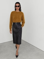 Reiss Black Neriah Leather Belted Midi Pencil Skirt - Image 5 of 8