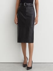 Reiss Black Neriah Leather Belted Midi Pencil Skirt - Image 6 of 8