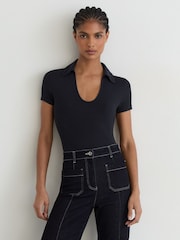 Reiss Navy Daria Scoop-Neck Jersey Polo Top - Image 1 of 6