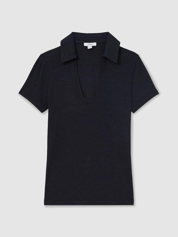 Reiss Navy Daria Scoop-Neck Jersey Polo Top - Image 2 of 6