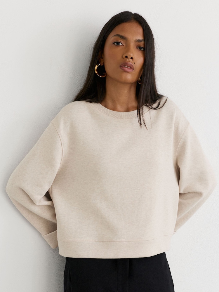 Reiss Neutral Marl Carmen Cotton-Blend Sweatshirt with Cashmere - Image 1 of 6
