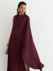 Reiss Berry Red Winnie Asymmetric Cape-Detail Maxi Dress - Image 1 of 7