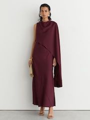 Reiss Berry Red Winnie Asymmetric Cape-Detail Maxi Dress - Image 3 of 7