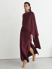 Reiss Berry Red Winnie Asymmetric Cape-Detail Maxi Dress - Image 5 of 7