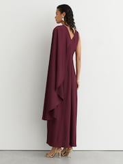 Reiss Berry Red Winnie Asymmetric Cape-Detail Maxi Dress - Image 6 of 7