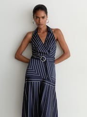 Reiss Navy Casey Striped Sleeveless Collared Midi Dress - Image 1 of 7