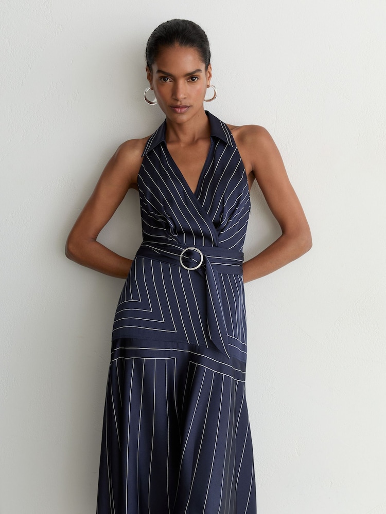 Reiss Navy Casey Striped Sleeveless Collared Midi Dress - Image 1 of 7