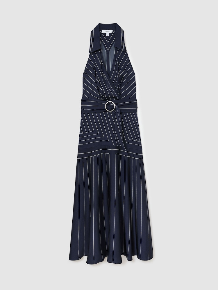Reiss Navy Casey Striped Sleeveless Collared Midi Dress - Image 2 of 7